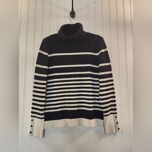Talbots Women Black White Stripe Knit Turtleneck Sweater Size LP Soft Cozy Chic